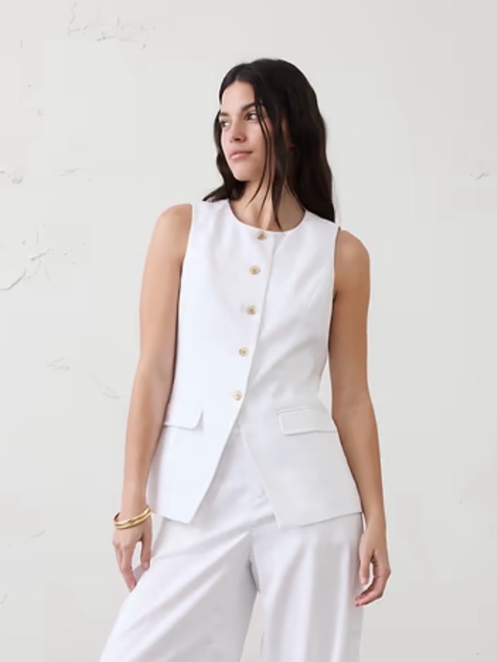 Banana Republic White Sleeveless Linen-Blend Long Cutaway Vest